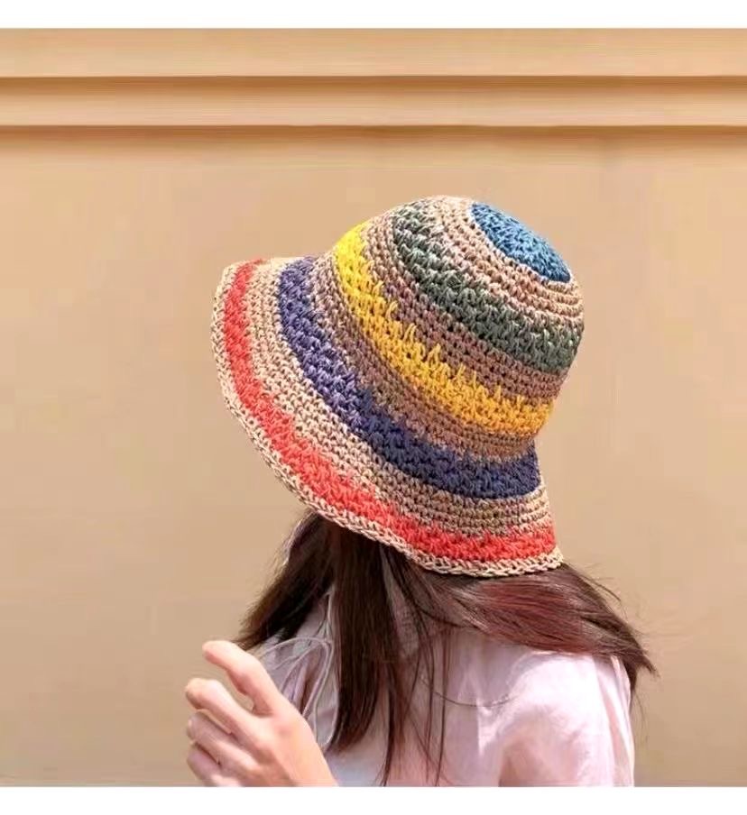 Hand-Crocheted Rainbow Straw Hat