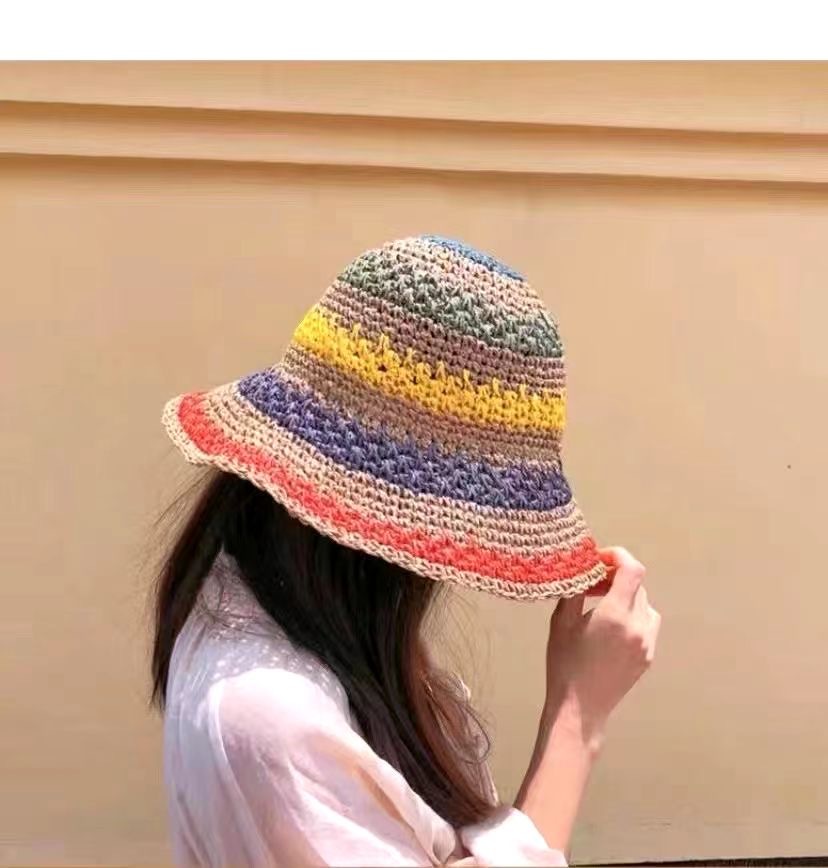 Hand-Crocheted Rainbow Straw Hat